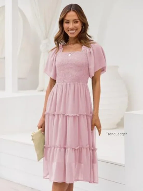 Flutter Sleeve Square Neck Smocked Midi Dress, Size Large, 100% Polyester - Picture 2 of 6